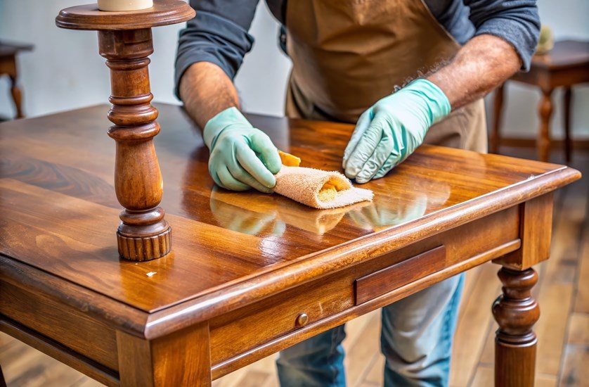 man cleaning old wood furniutre