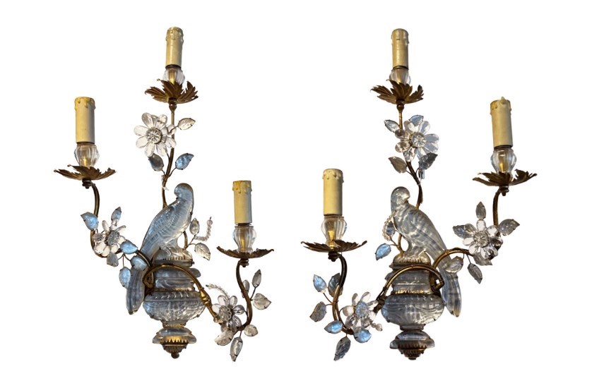 Large Pair Of Maison Baguès Wall Sconces With Parrot