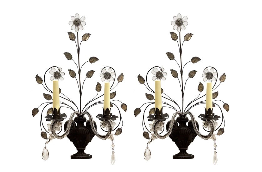 Pair Of 1920S Baguès Style Wall Sconces With Leaves And Flowers