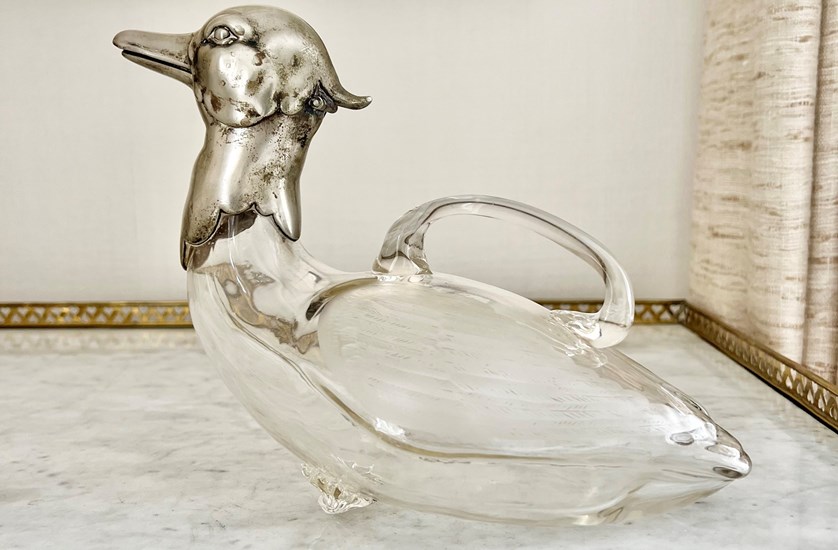 WMF Etched Crystal & Silver Plated Duck Decanter C1900